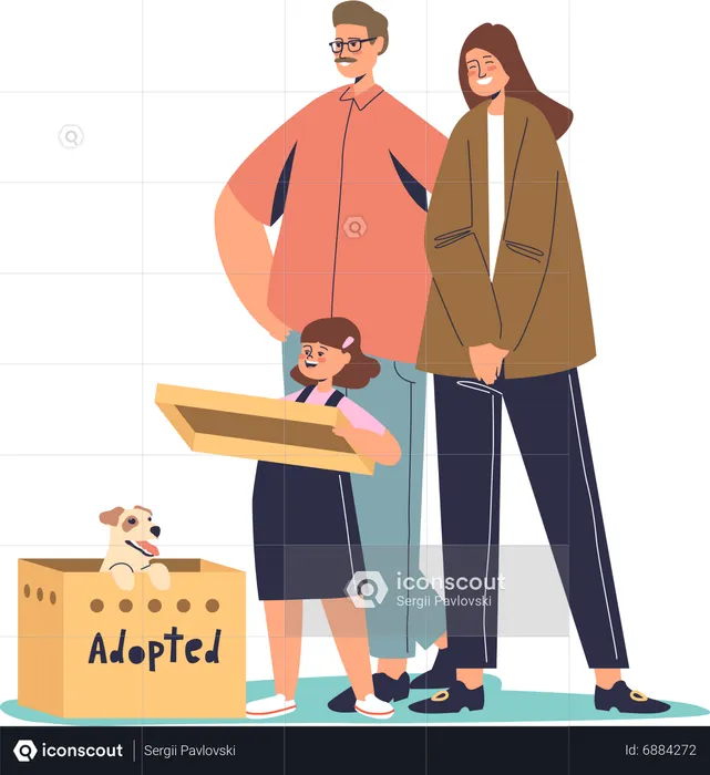 Family taking puppy from shelter  Illustration