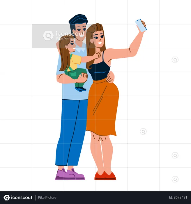 Family taking selfie on mobile  Illustration