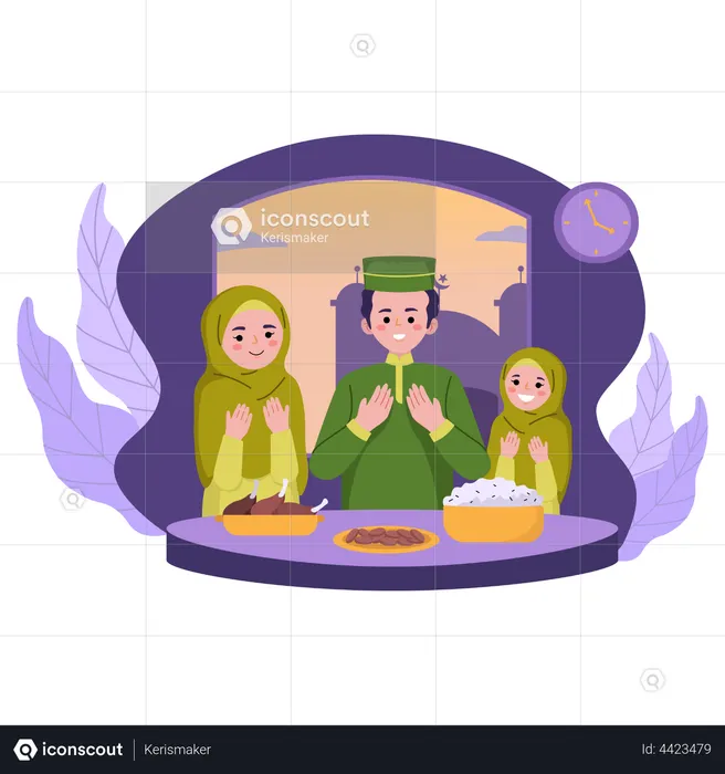 Family taking suhoor on ramadan  Illustration