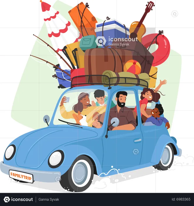 Family Traveling By Car  Illustration