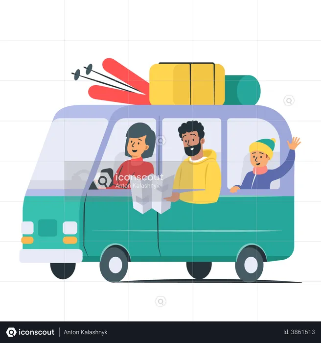 Family Traveling Trip by Van and Using Traveling Map  Illustration