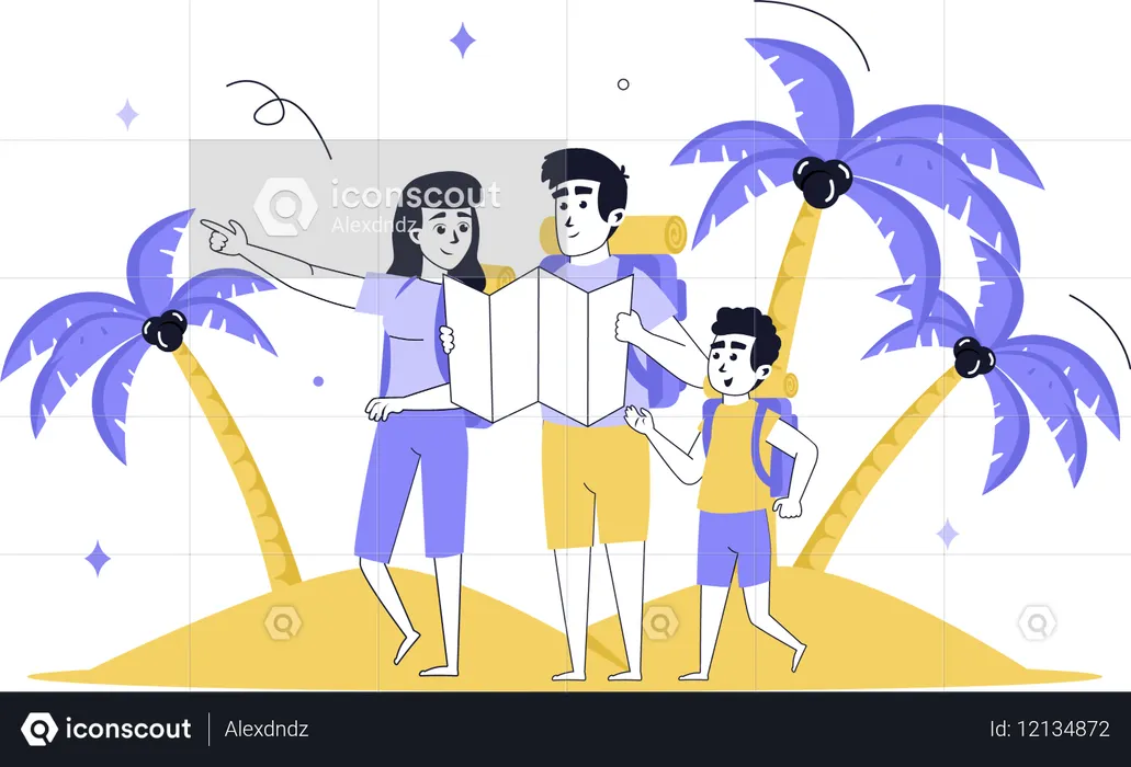 ビーチで休暇を過ごす家族旅行  イラスト