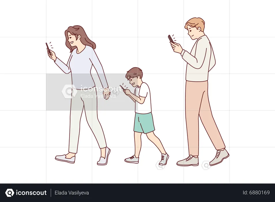 Family using phone while walking  Illustration