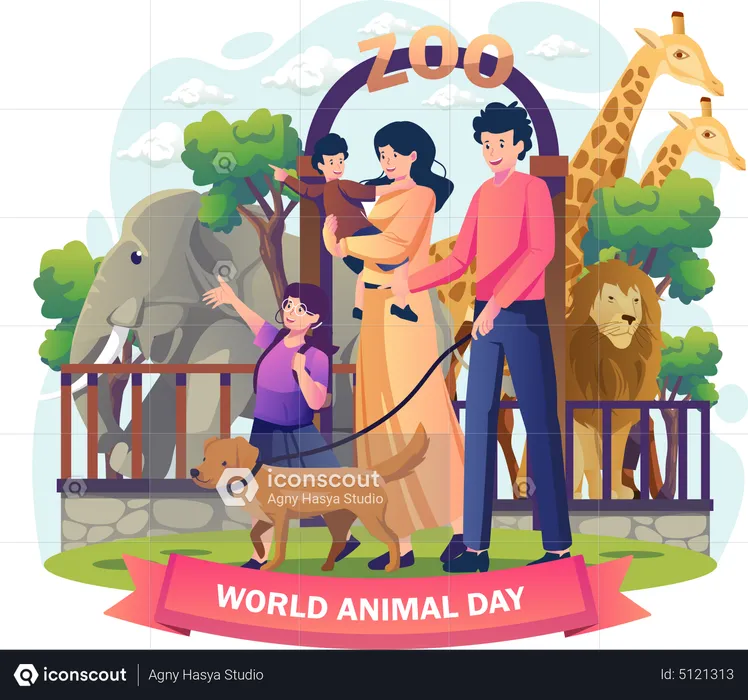 Family visit to the Zoo on world animal day  Illustration