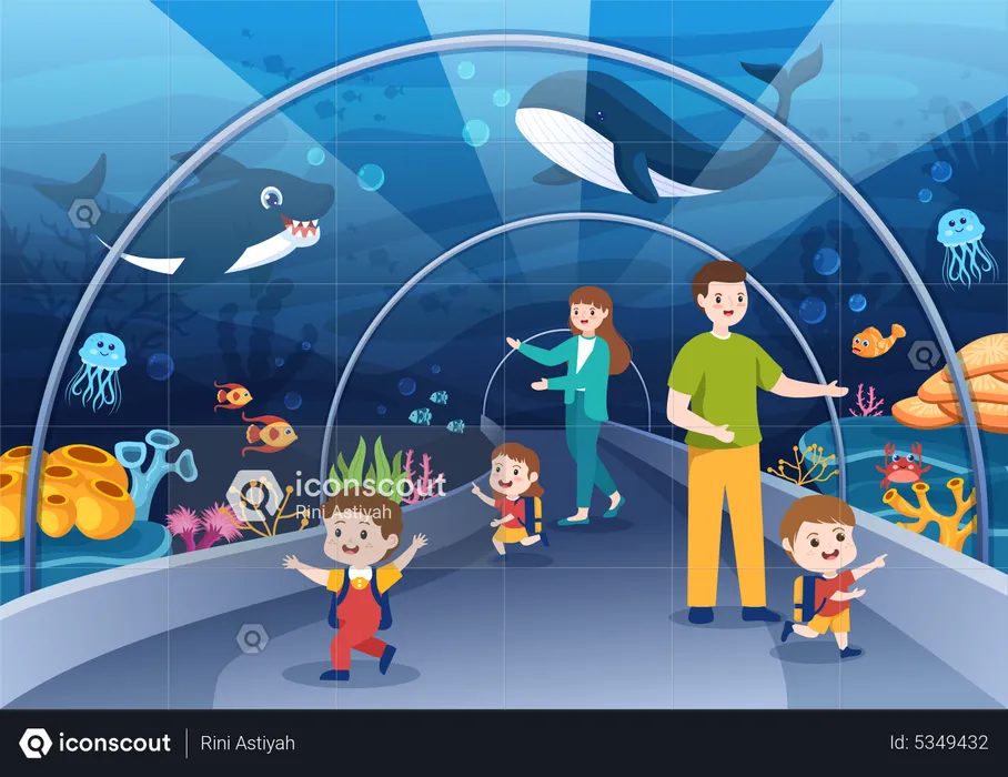 Family visiting fish aquarium  Illustration