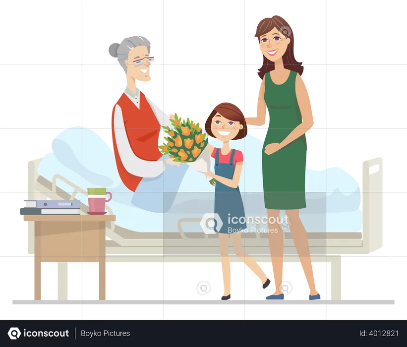 Family visiting grandmother at hospital  Illustration