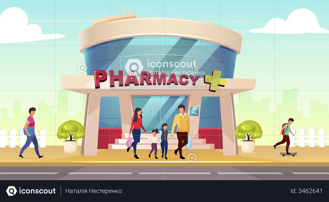 Family visiting pharmacy store  Illustration