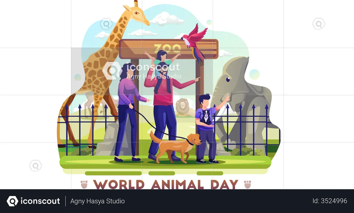 Family visiting zoo to celebrate world animal day  Illustration