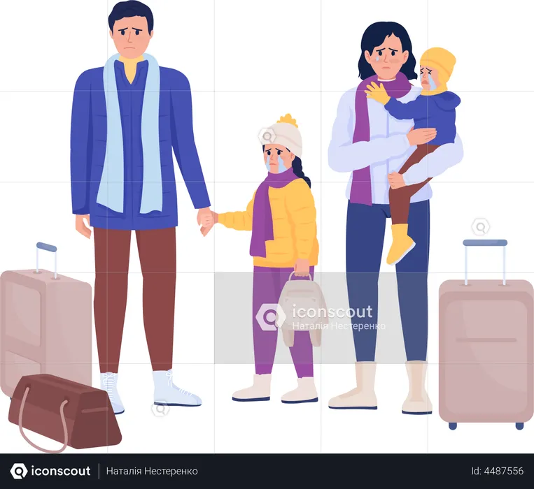Family waiting for evacuation on train station  Illustration