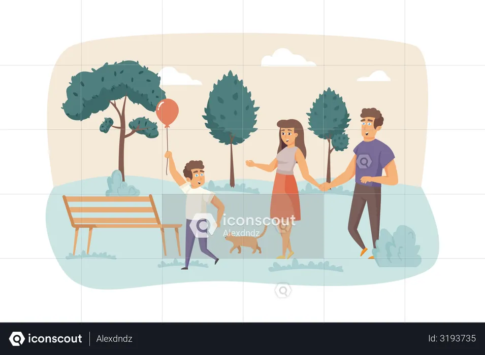 Family walking at park together  Illustration