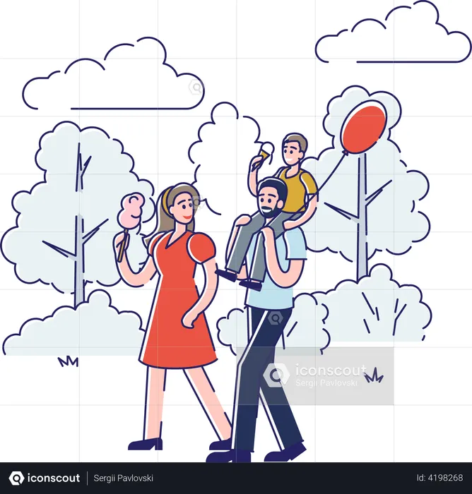Family walking in park while boy sitting on father shoulder  Illustration