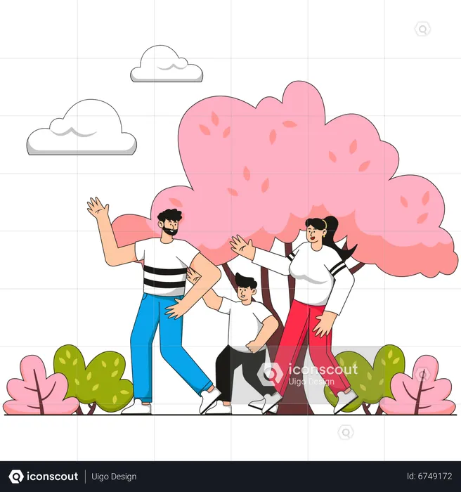 Family walking together in park  Illustration