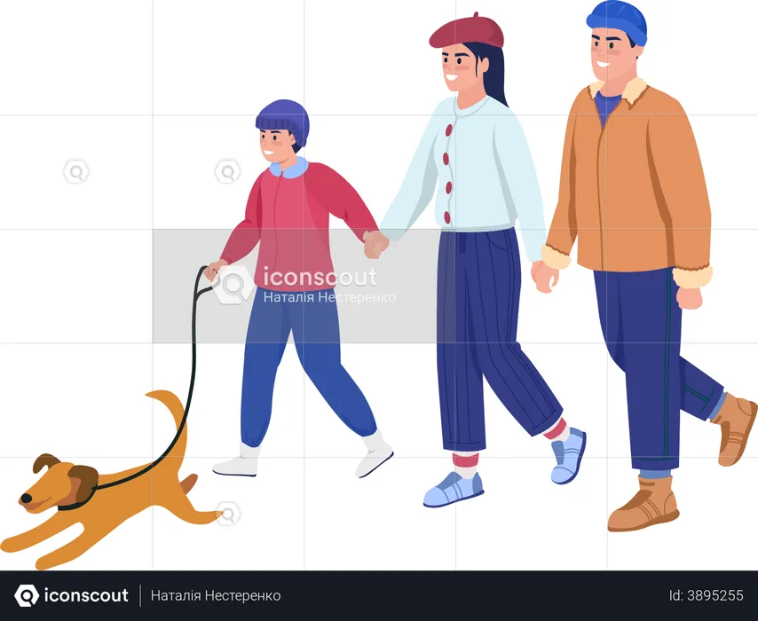 Family walking with dog  Illustration