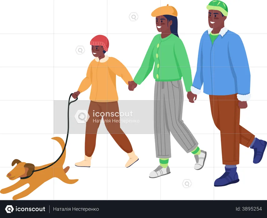 Family walking with pet  Illustration