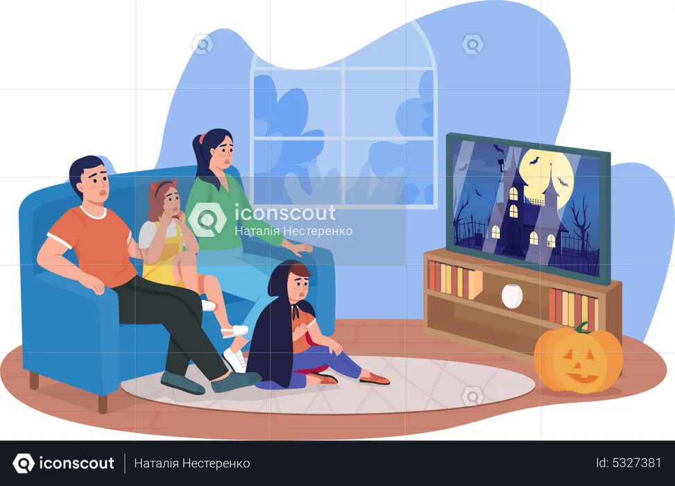 Family watching horror movie  Illustration