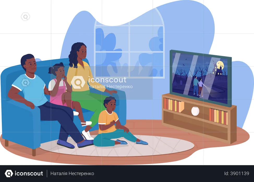 Family watching horror movie together in living room  Illustration