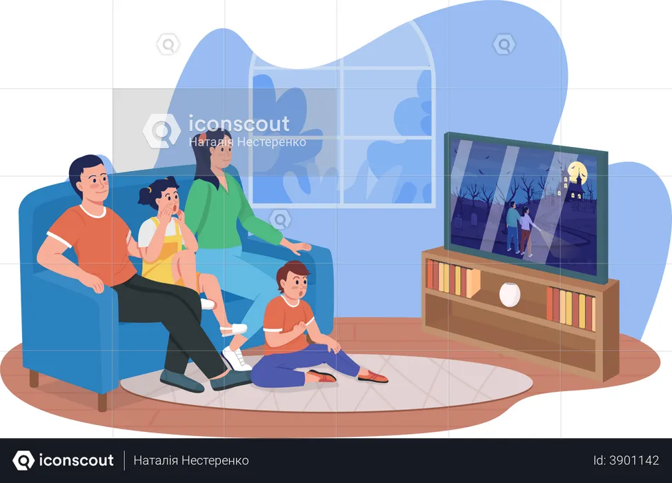 Family watching scary movie together at home  Illustration