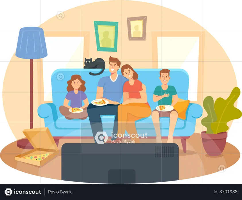 Family Watching TV and Eating Pizza at Home  Illustration