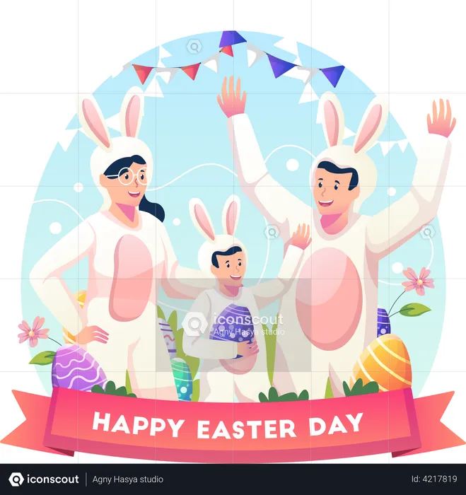 Family wearing costumes as bunnies to celebrate Easter day  Illustration