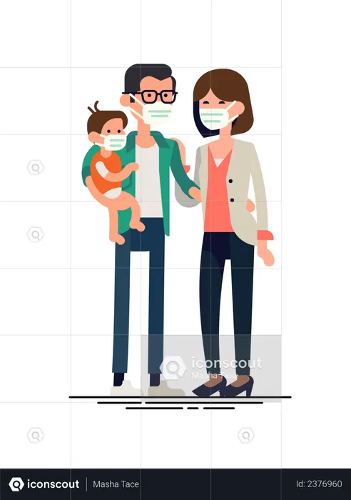 Family wearing facemask  Illustration