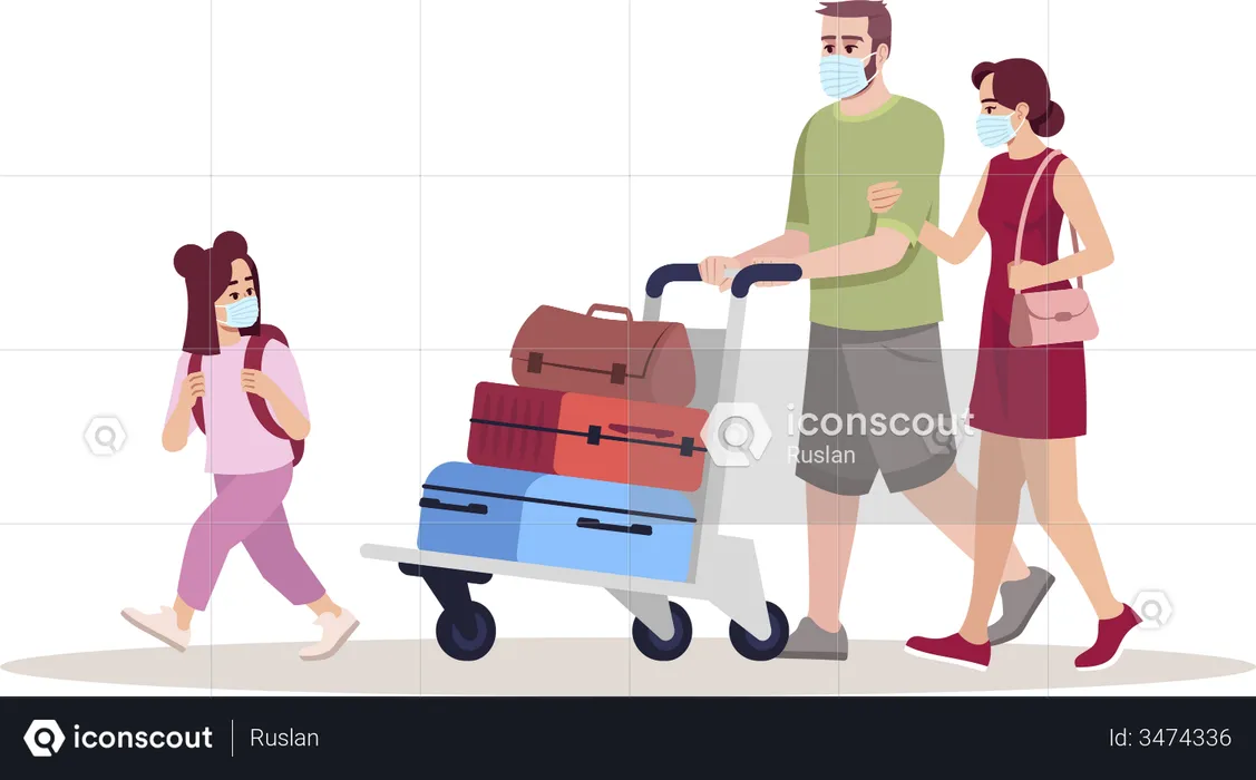 Family wearing mask and going for vacation  Illustration