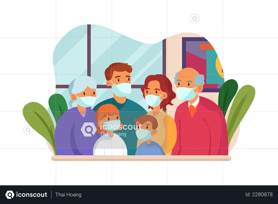 Family wearing mask standing together  Illustration