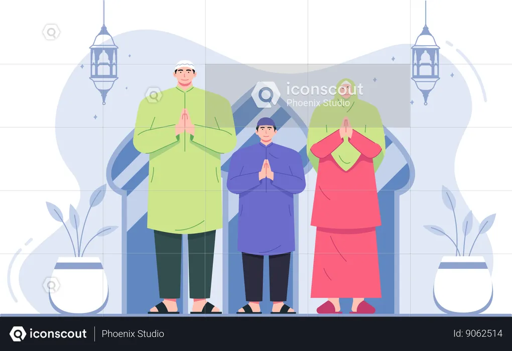 Family wishing Eid Mubarak greeting  Illustration