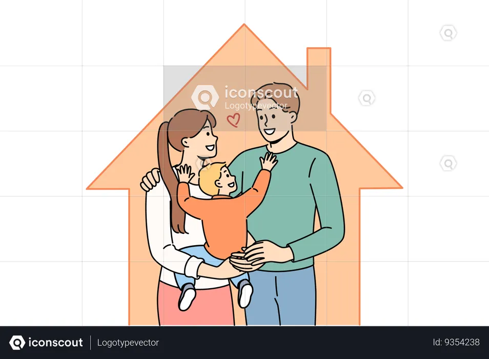 Family with baby standing inside house after purchasing own home with mortgage  Illustration
