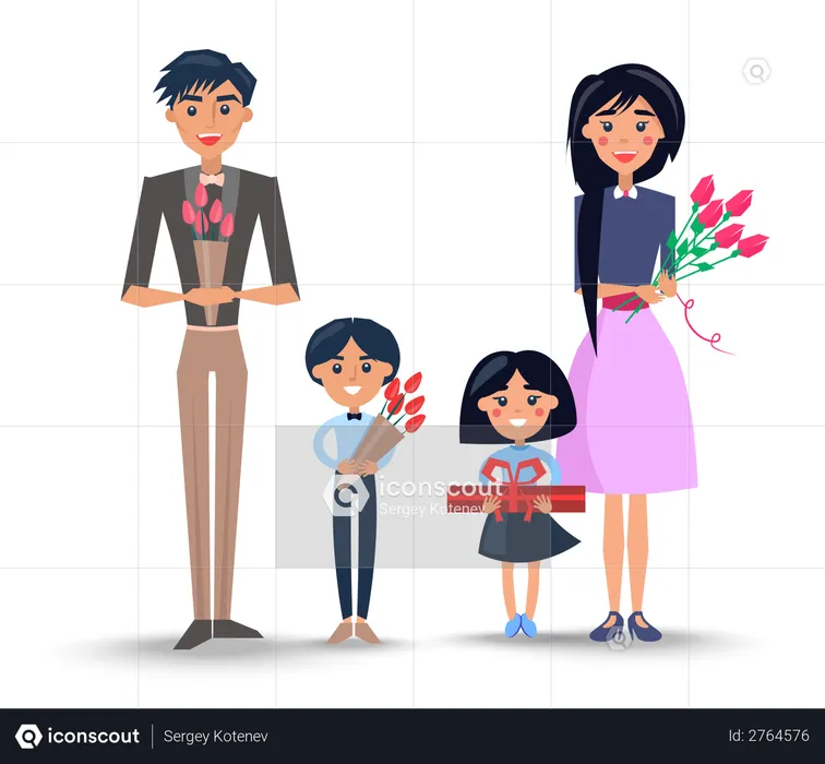 Family with Bouquets and Present  Illustration