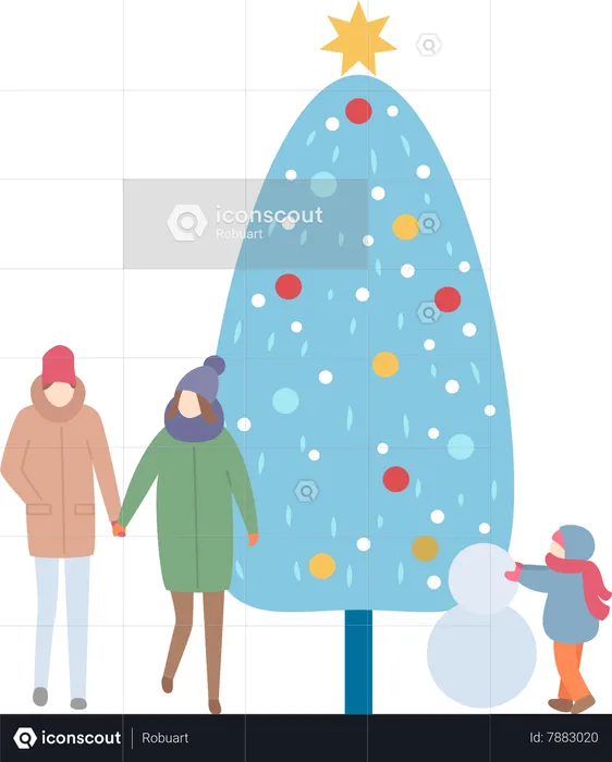 Family with christmas Tree and Snowman  Illustration
