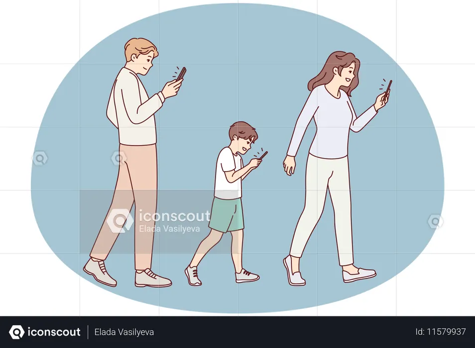 Family with kid addicted to smartphones  Illustration