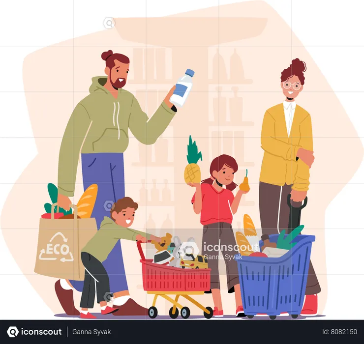 Family With Kids Strolling Through Supermarket  Illustration