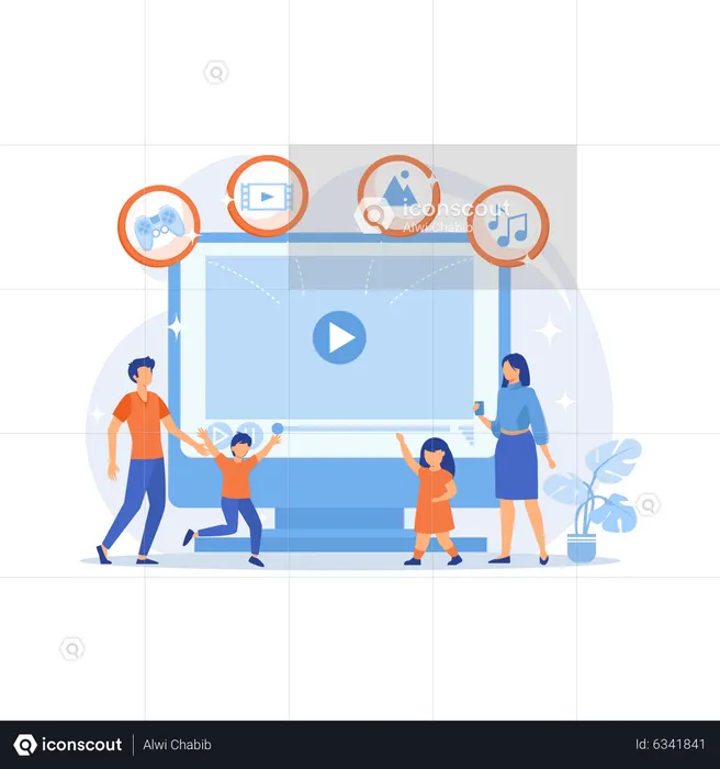 Family with kids watching smart television content  Illustration