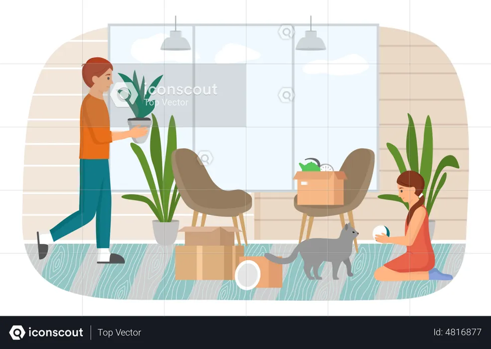 Family with pet moving to new house  Illustration