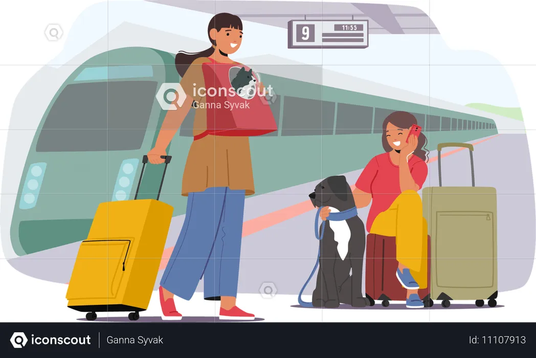 Family with pet On Train Station Platform  Illustration