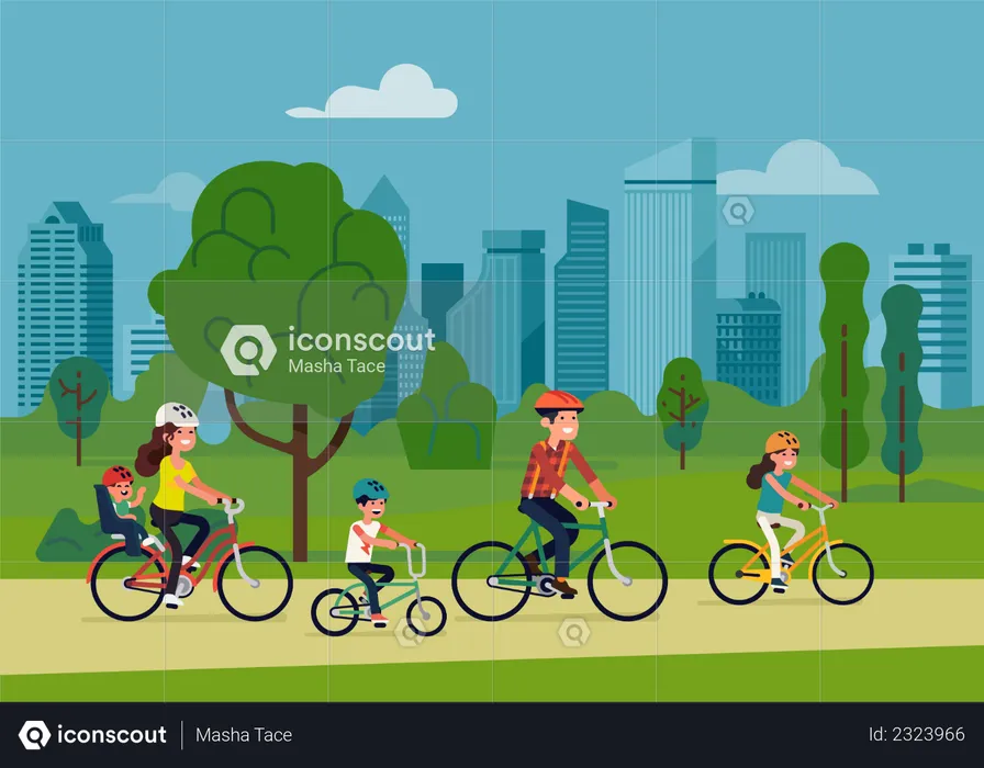 Family with three kids riding bicycles in city park  Illustration
