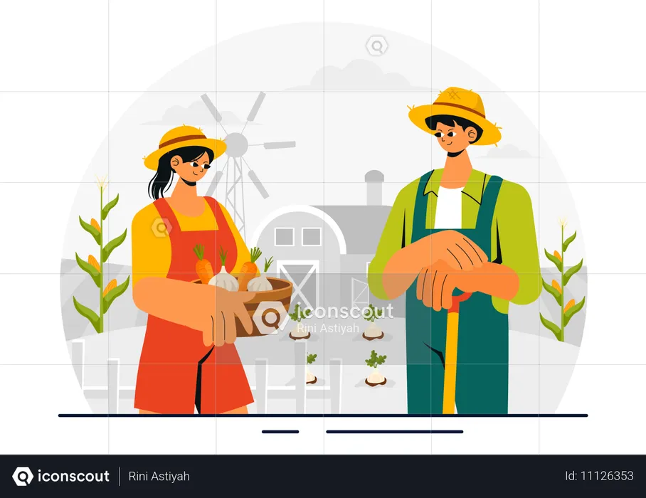 Family Working on Farm  Illustration