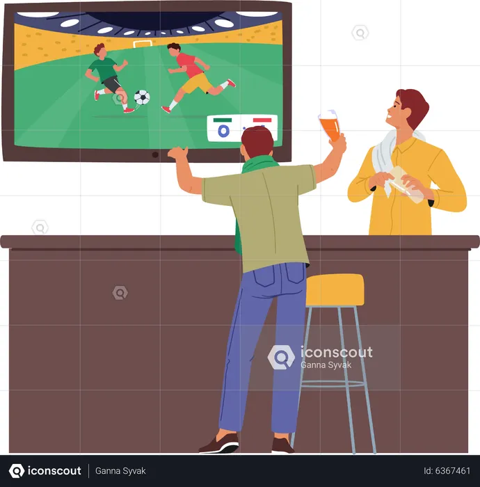 Fan watching football match in beer pub  Illustration