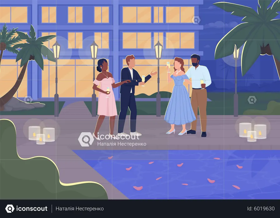 Fancy evening party near swimming pool  Illustration