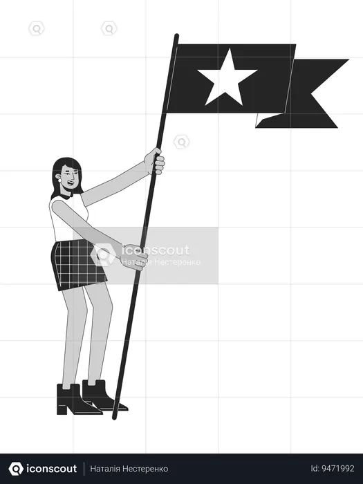 Fangirl animada torcendo com bandeira  Ilustração