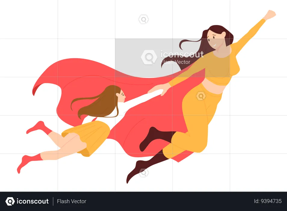 Mãe fantasiada de herói e capa vermelha voando com a menina  Ilustração