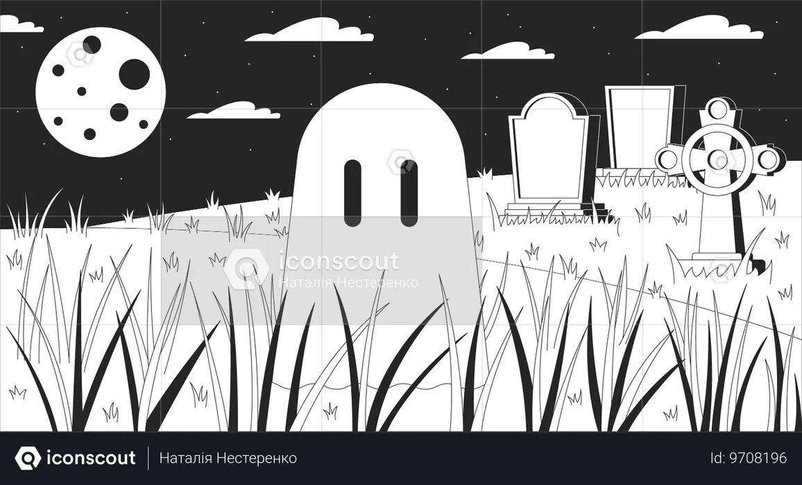 Fantasma en el cementerio nocturno  Ilustración