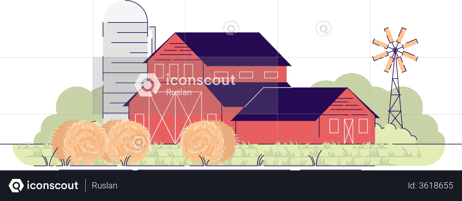 Farm barns with hay bales  Illustration