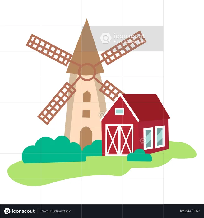 Farm building with wind mill  Illustration