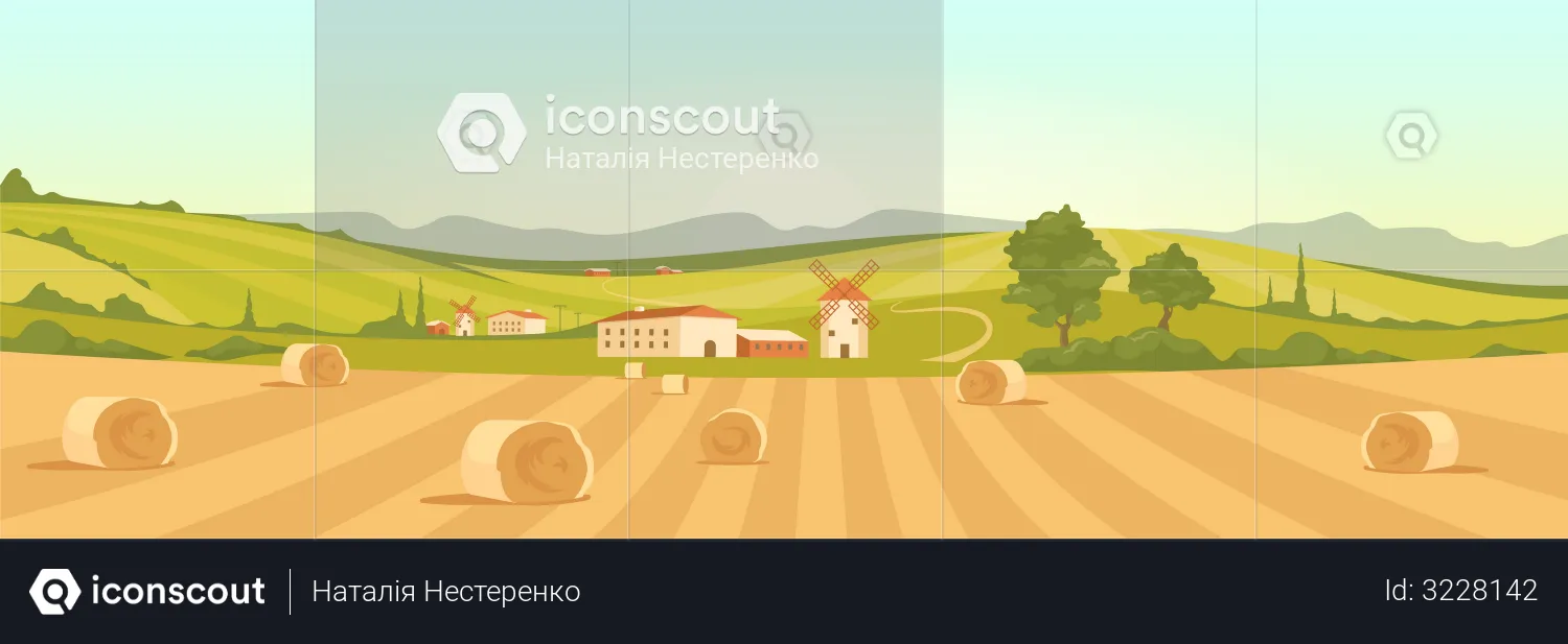 Farm In Countryside  Illustration