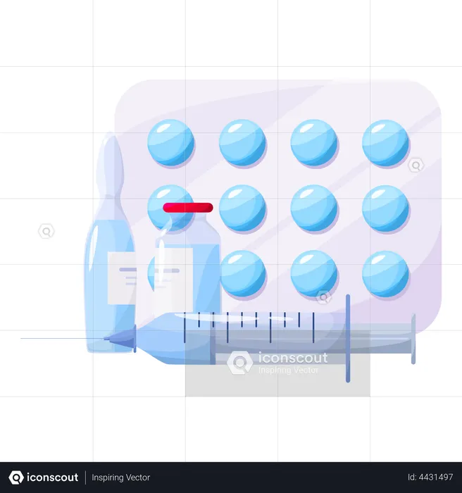 Medicamento de farmácia em frasco e caixa  Ilustração