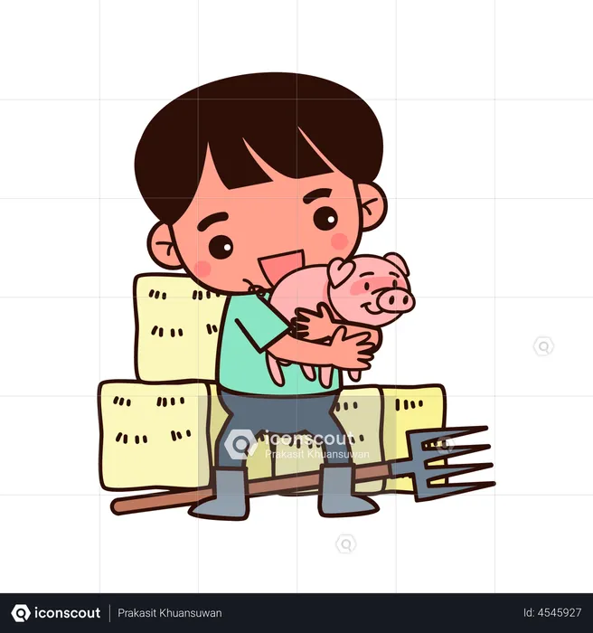 Farmer boy holding piglet  Illustration