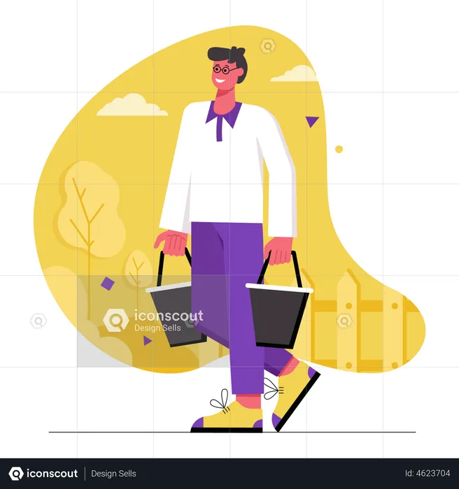 Farmer carries two buckets for watering plants on farm  Illustration