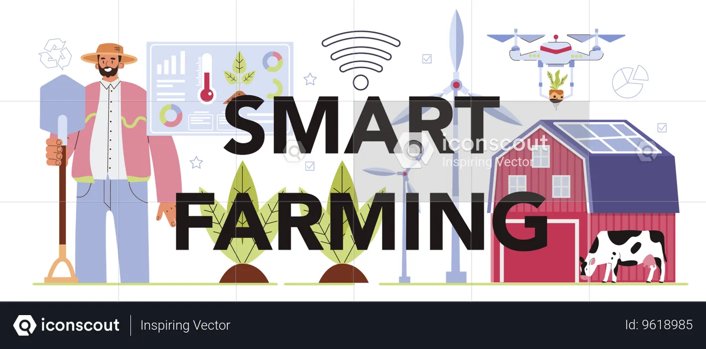 Farmer doing smart farming while growing plants  Illustration