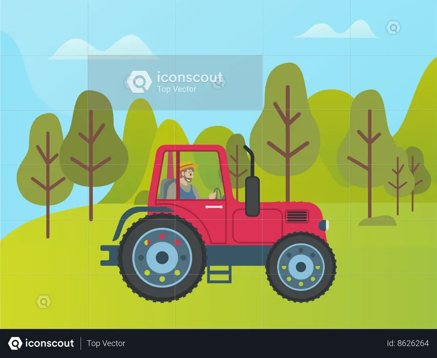 Farmer driving tractor in farm  Illustration